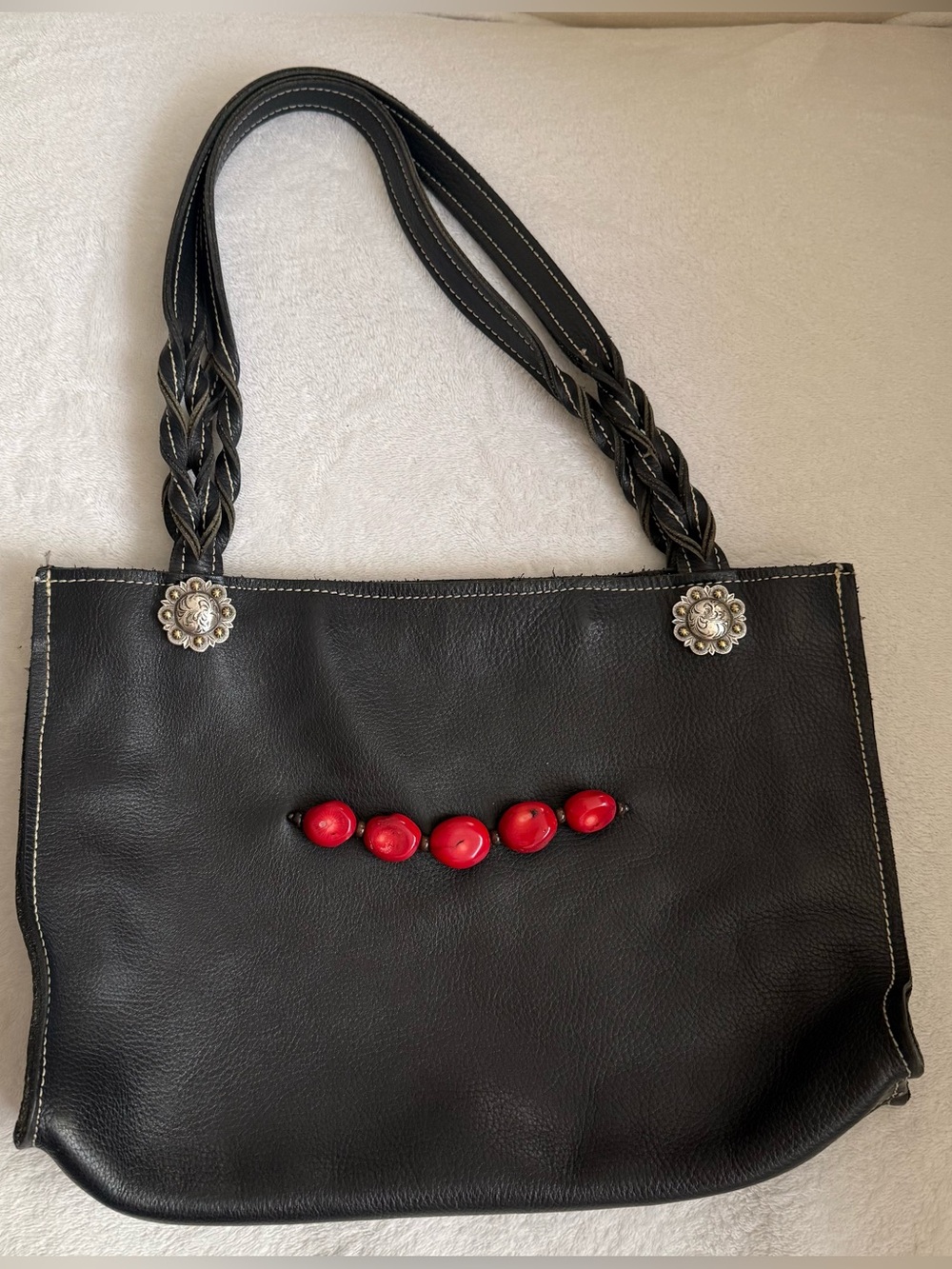 Vtg Black Genuine Leather Western Tote Braided Straps Concho Boho Shoulder Bag